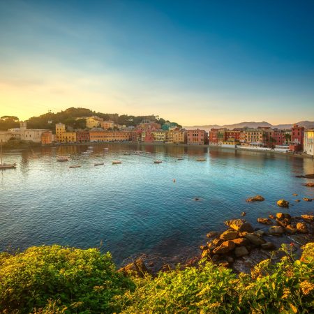 Sestri Levante silence bay or Baia del Silenzio sea harbor and beach view at sunset. Liguria, Italy Europe.