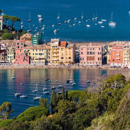 The seafront and the beach of Sestri Levante, seen from distant surrounding hills