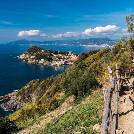 Panoramic view of Sestri Levante and its promontory; coastline of Liguria in the background